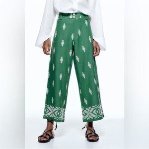 Zara Green High Waist Embroidered Wide Leg Pants | Size XS
